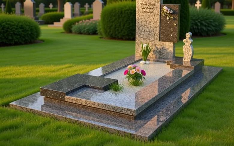 Monument funéraire en granit poli avec stèle gravée, dans un cimetière paysager